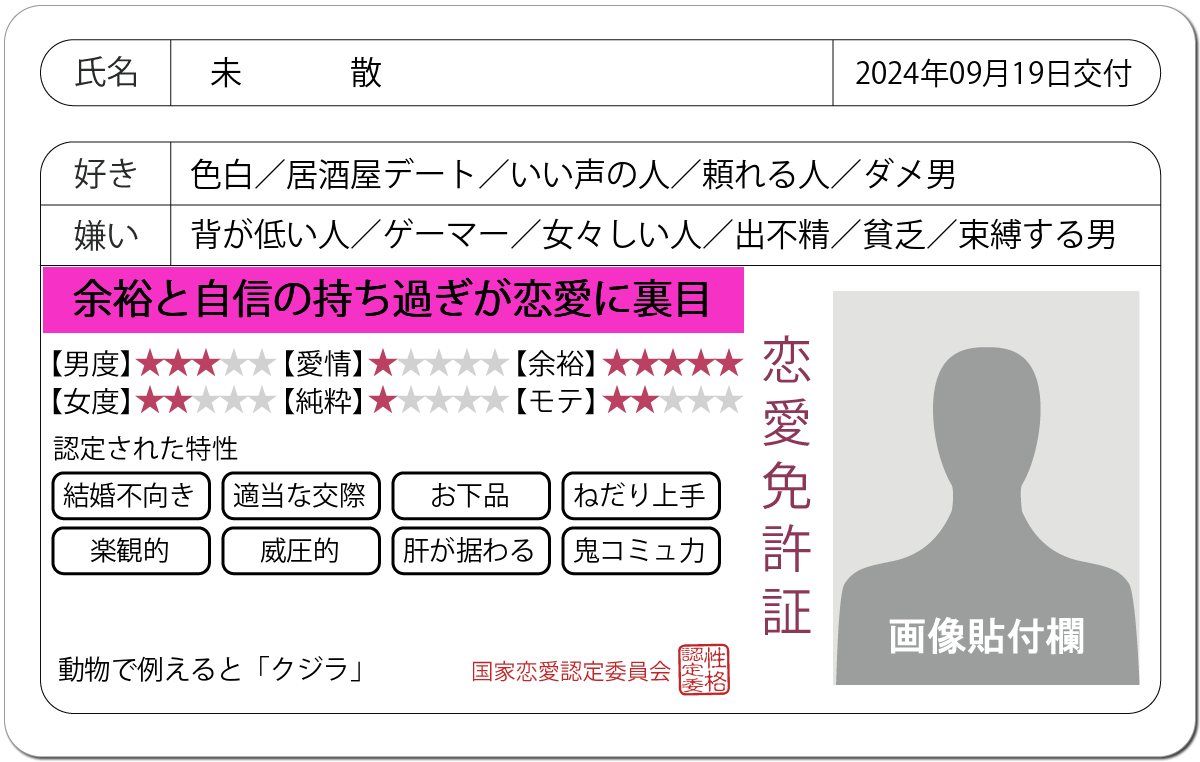 恋愛診断 恋愛免許証 恋愛にお墨付きを 完全無料 診断結果