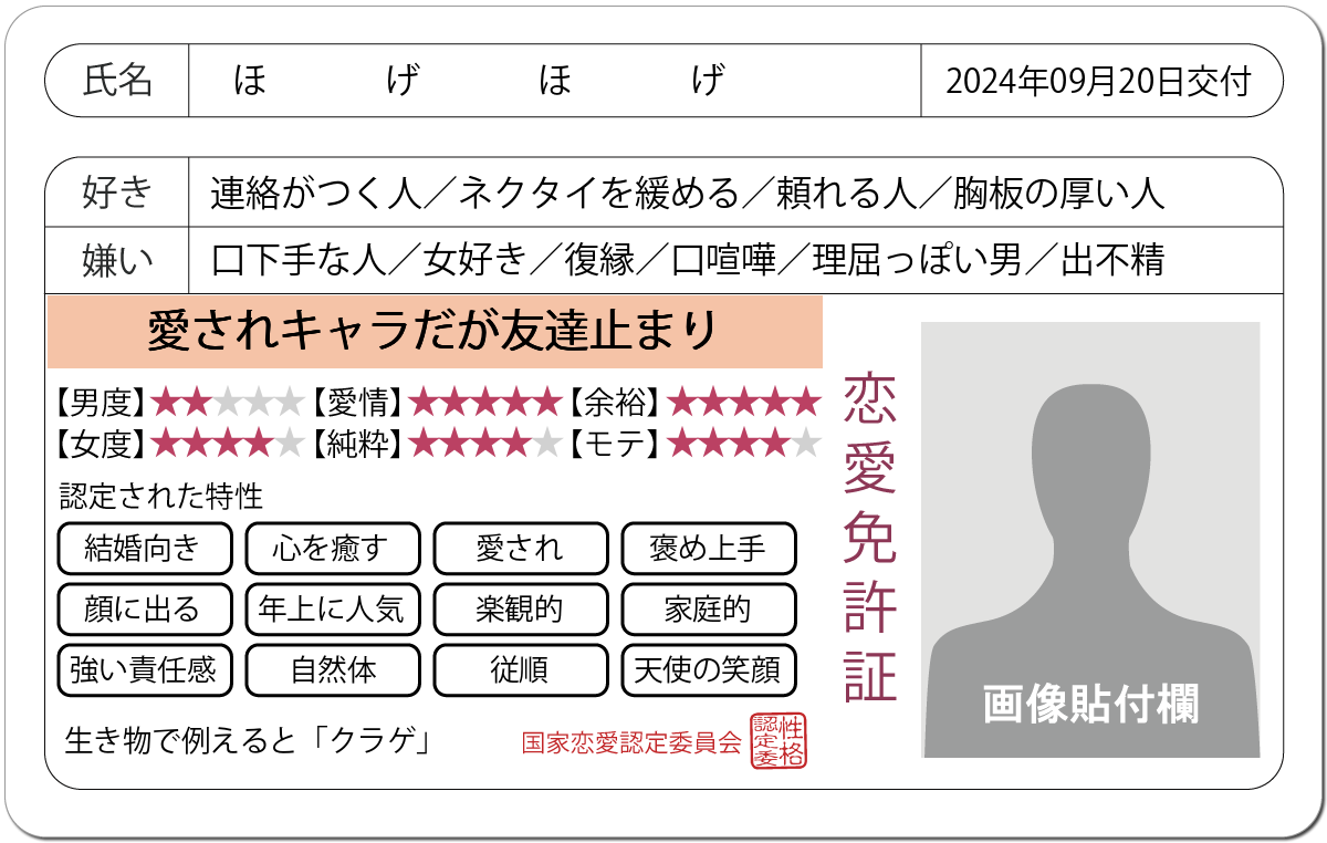 恋愛診断 恋愛免許証 恋愛にお墨付きを 無料のハニホー 診断結果