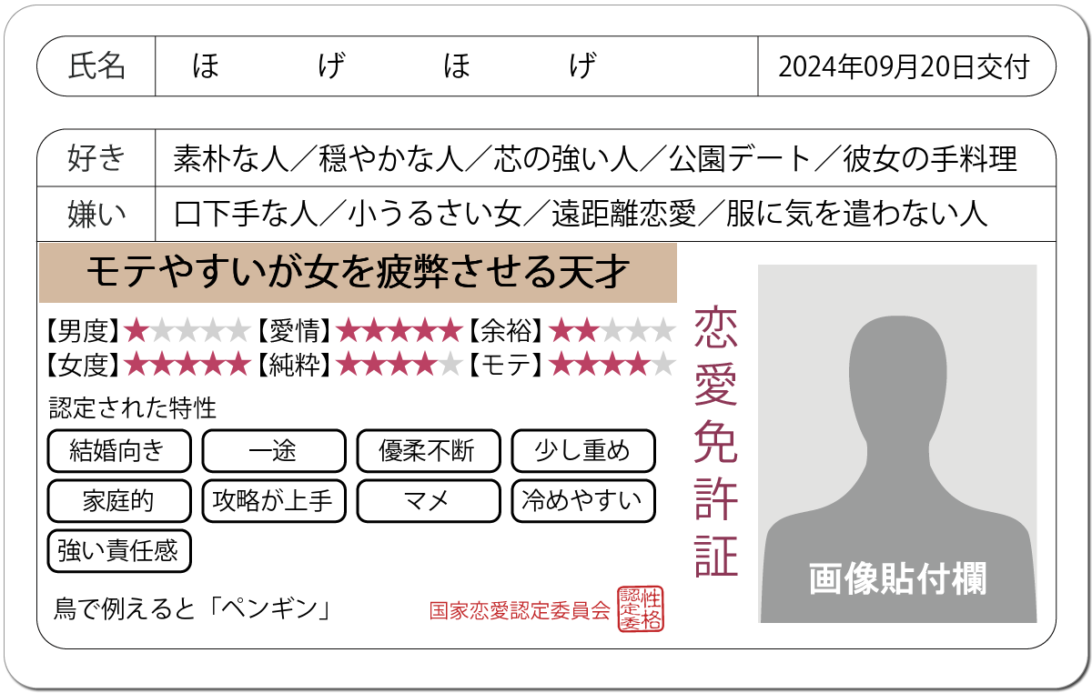 恋愛診断 恋愛免許証 恋愛にお墨付きを 無料のハニホー 診断結果