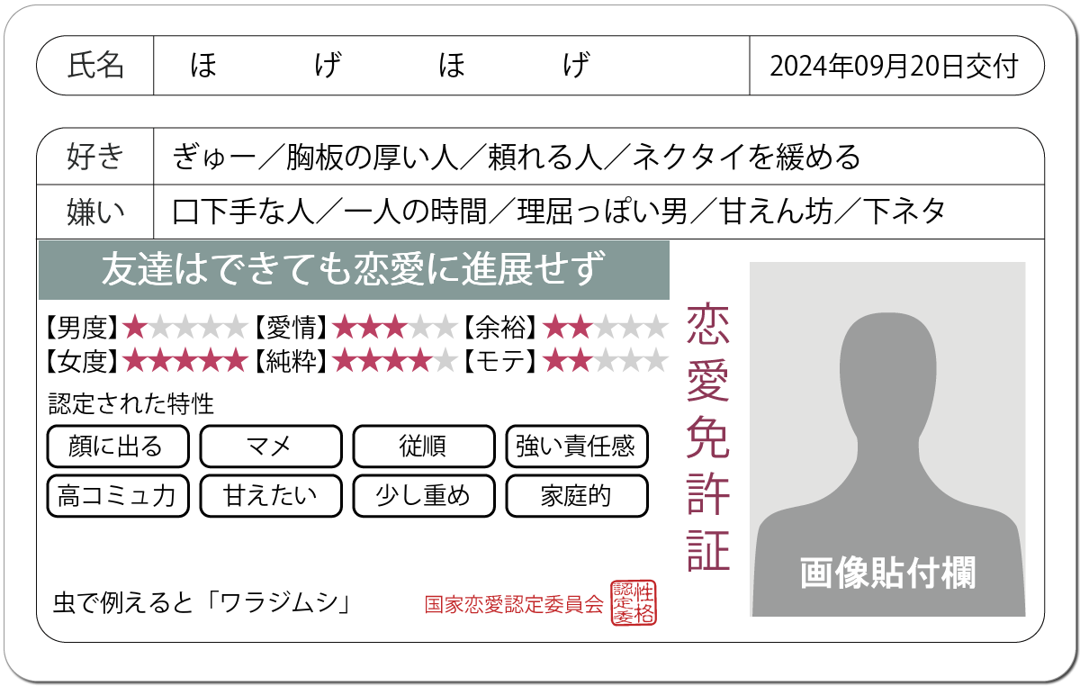 恋愛診断 恋愛免許証 恋愛にお墨付きを 無料のハニホー 診断結果