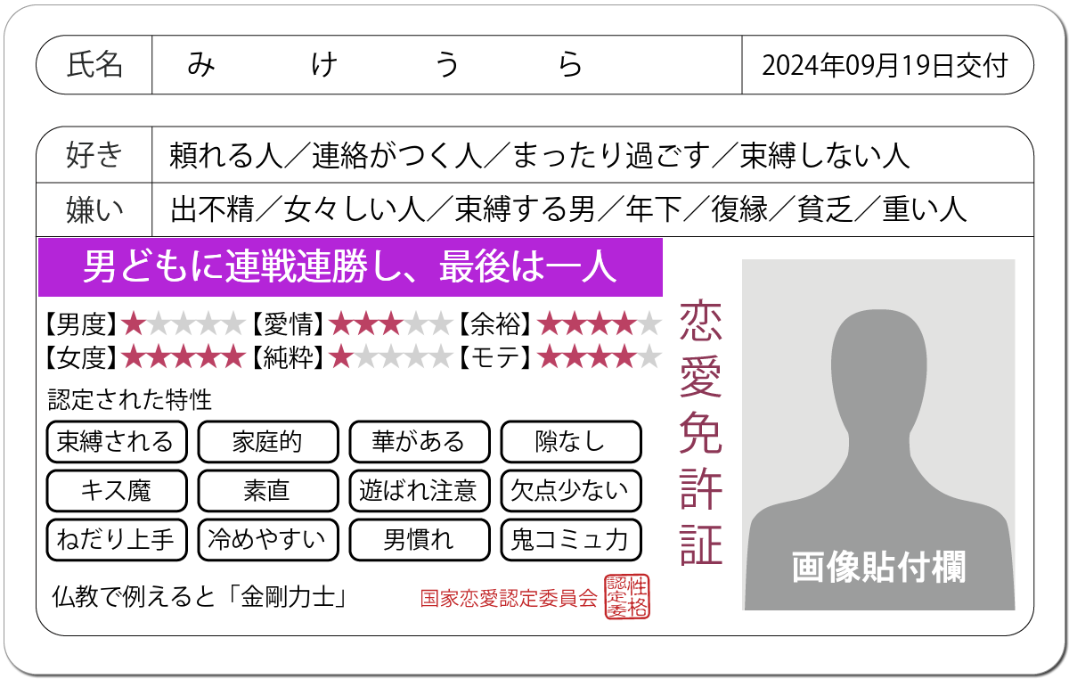 恋愛診断 恋愛免許証 恋愛にお墨付きを 完全無料 診断結果