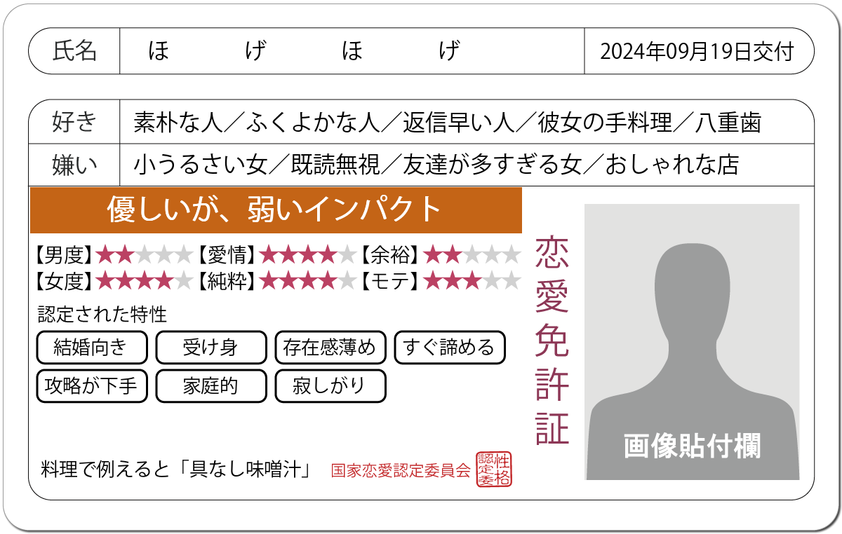 恋愛診断 恋愛免許証 恋愛にお墨付きを 無料のハニホー 診断結果