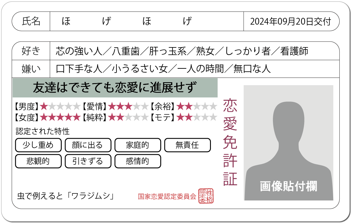 恋愛診断 恋愛免許証 恋愛にお墨付きを 無料のハニホー 診断結果