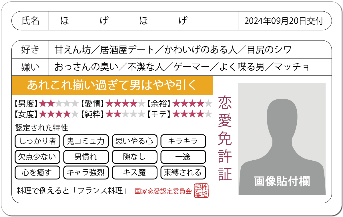 恋愛診断 恋愛免許証 恋愛にお墨付きを 無料のハニホー 診断結果