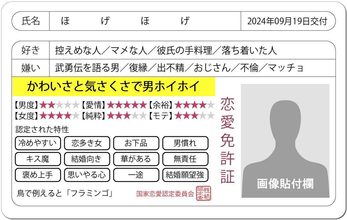 恋愛診断 恋愛免許証 恋愛にお墨付きを 無料のハニホー 診断結果