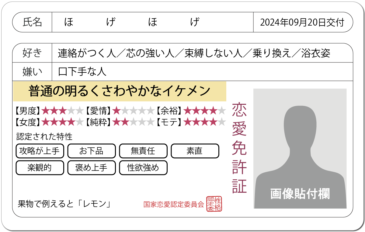 恋愛診断 恋愛免許証 恋愛にお墨付きを 無料のハニホー 診断結果