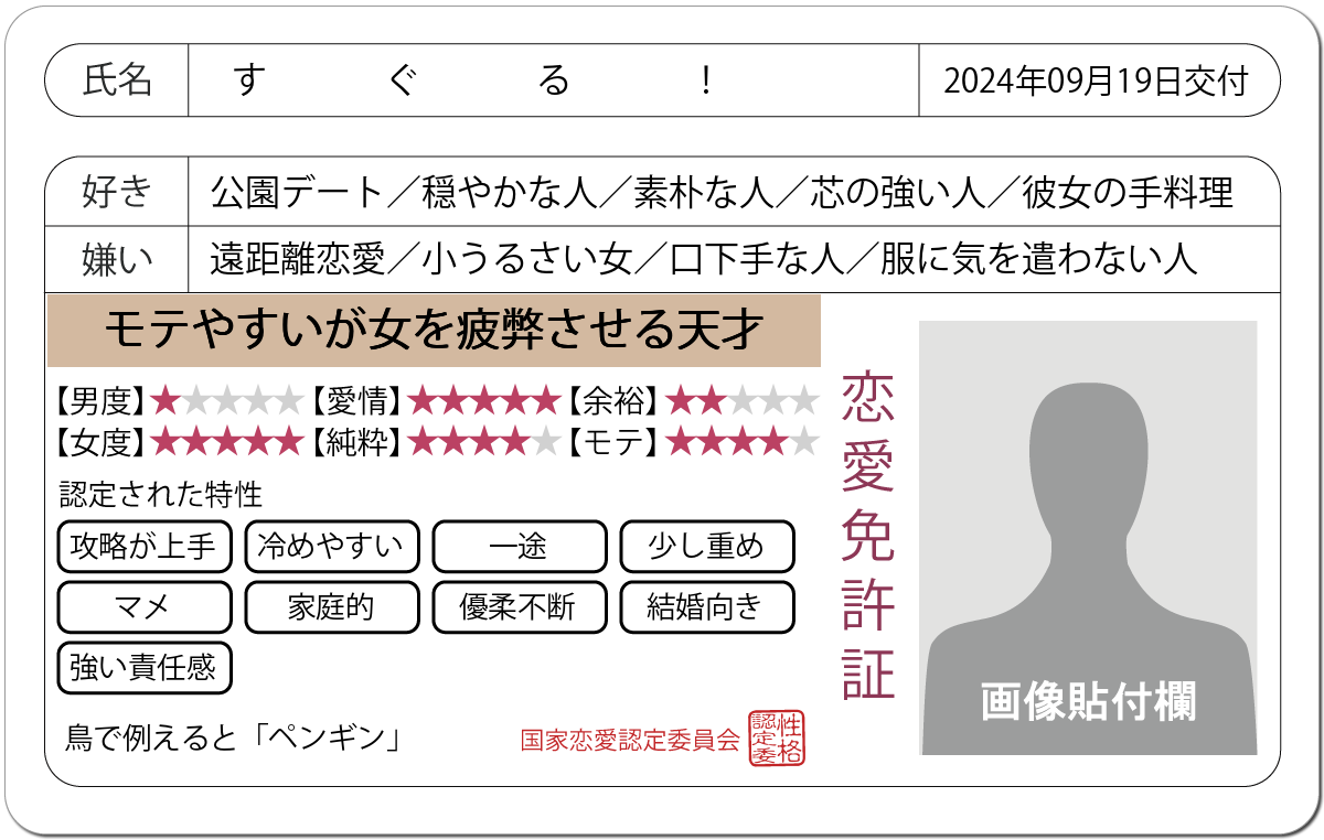 恋愛診断 恋愛免許証 恋愛にお墨付きを 完全無料 診断結果