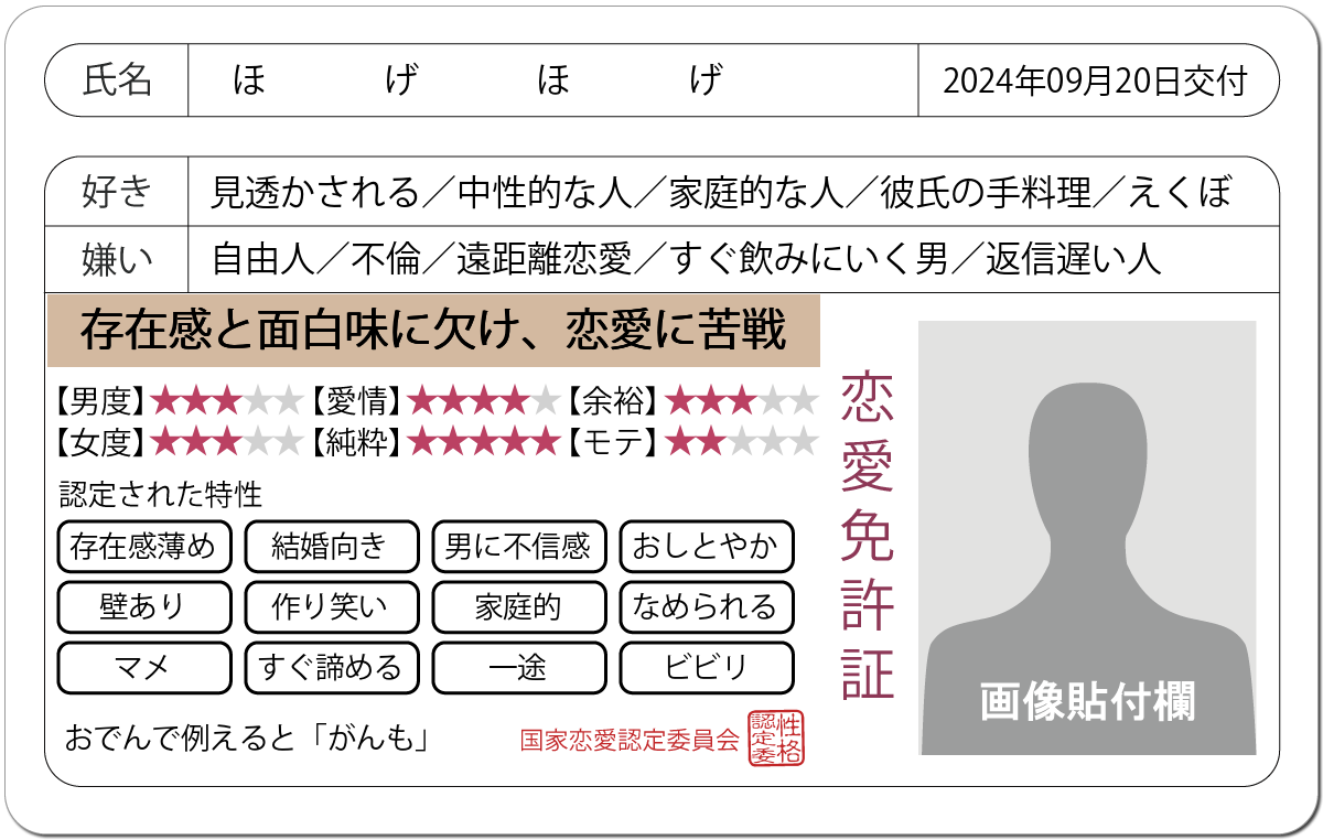 恋愛診断 恋愛免許証 恋愛にお墨付きを 無料のハニホー 診断結果