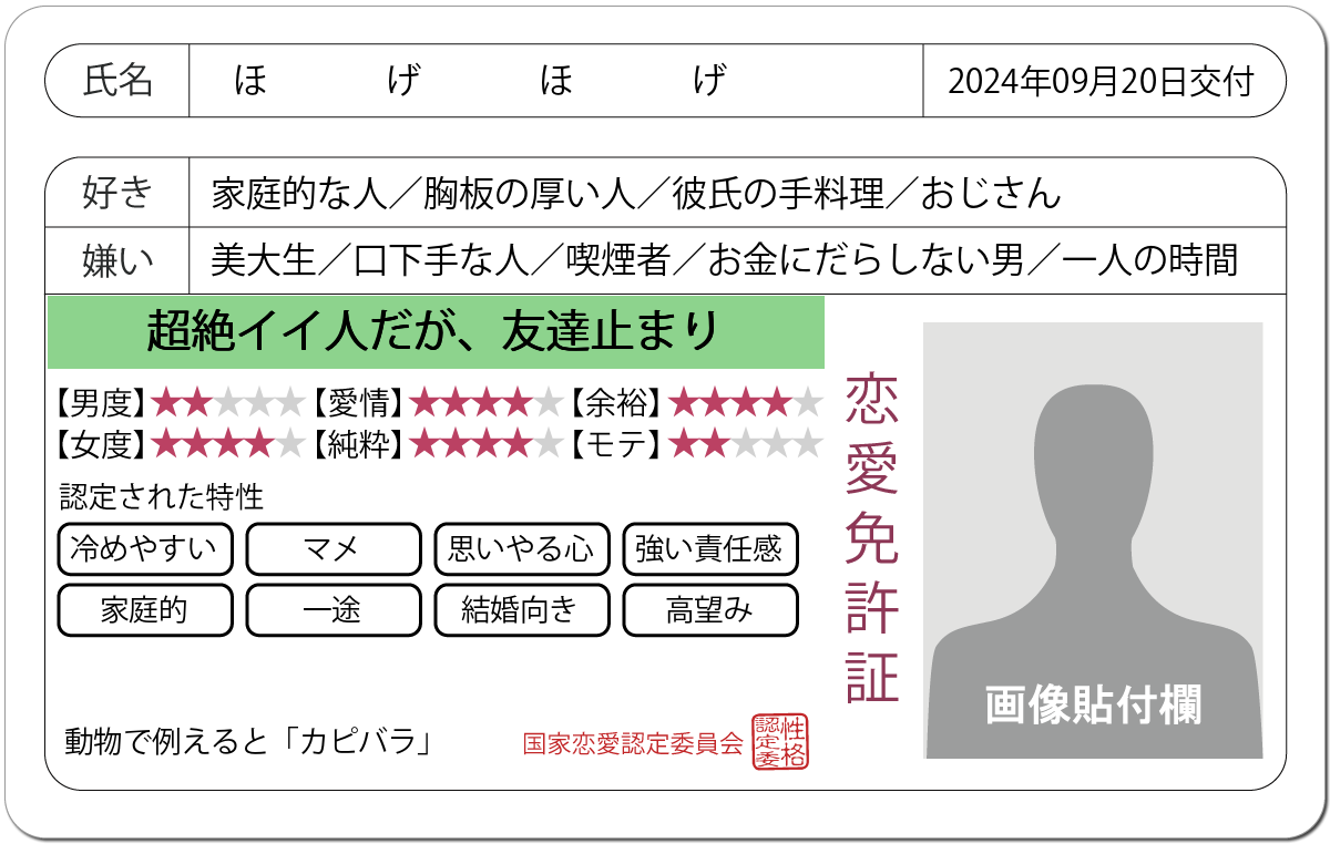 恋愛診断 恋愛免許証 恋愛にお墨付きを 無料のハニホー 診断結果