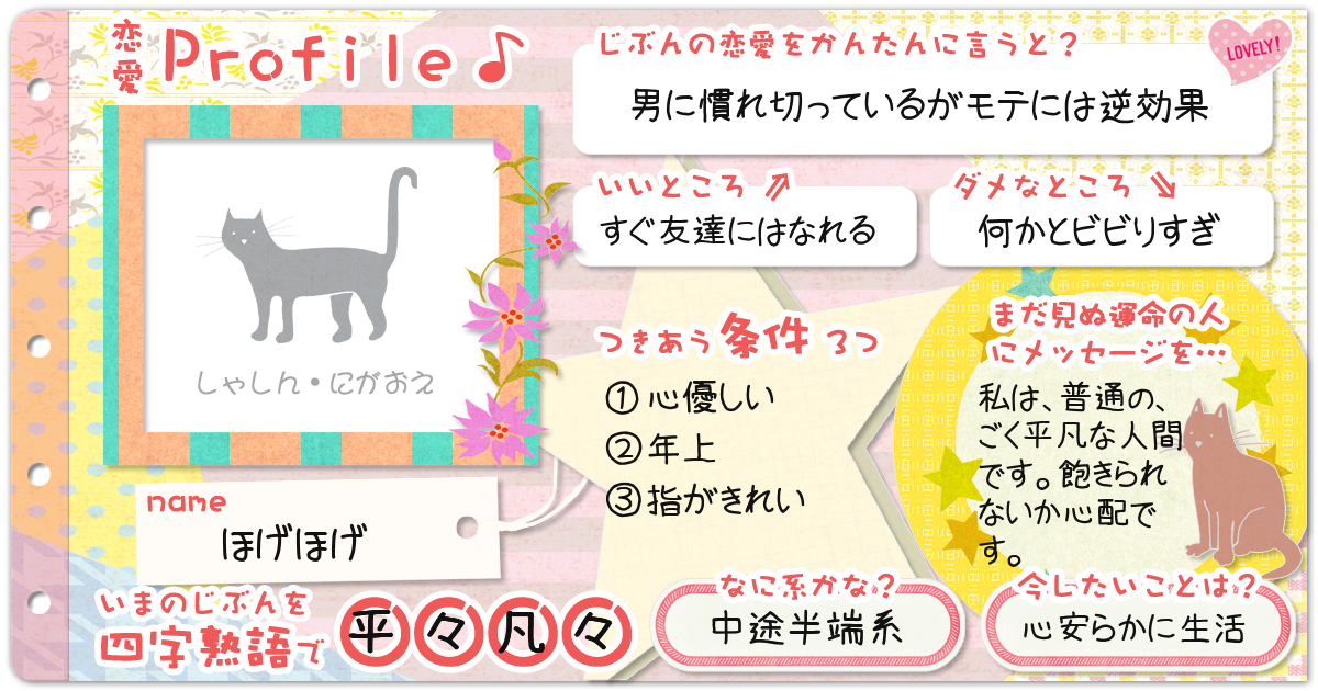 恋愛診断 勝手にプロフィール帳 恋愛編 無料のハニホー 診断結果