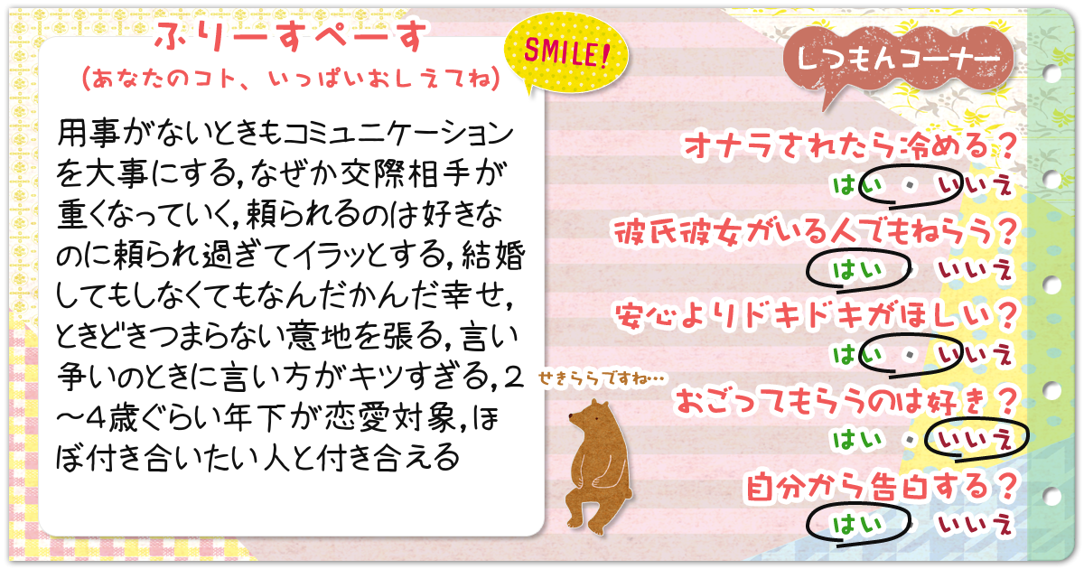 恋愛診断 勝手にプロフィール帳 恋愛編 無料のハニホー 診断結果