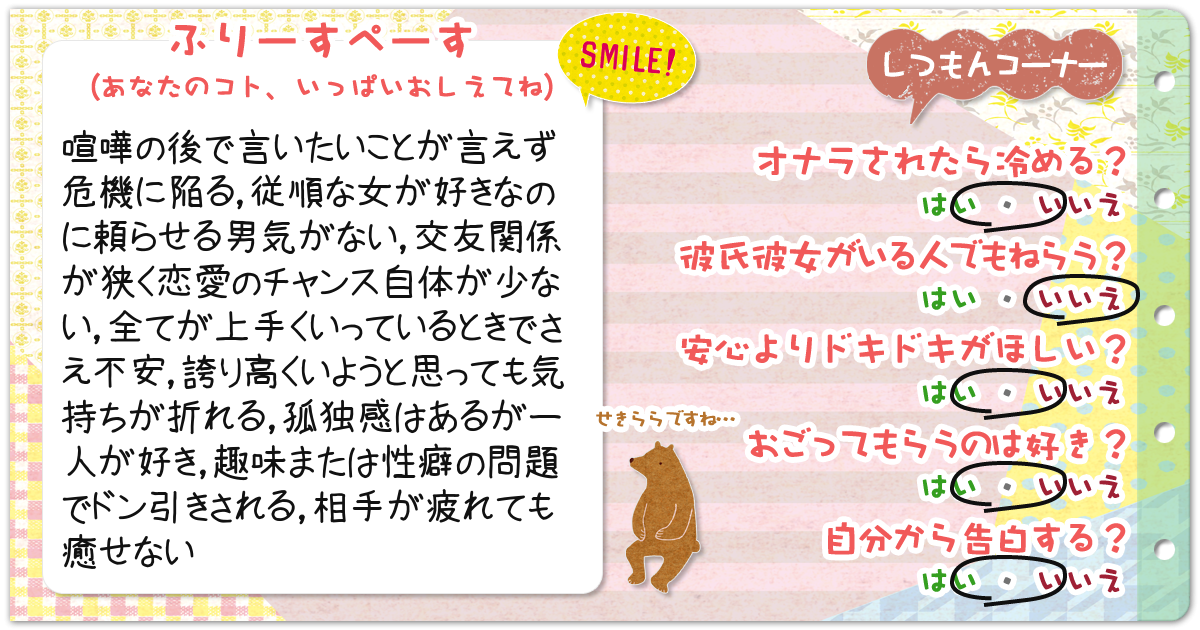 恋愛診断 勝手にプロフィール帳 恋愛編 無料のハニホー 診断結果