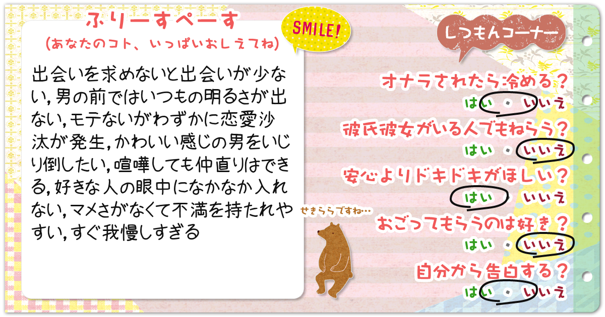 恋愛診断 勝手にプロフィール帳 恋愛編 無料のハニホー 診断結果