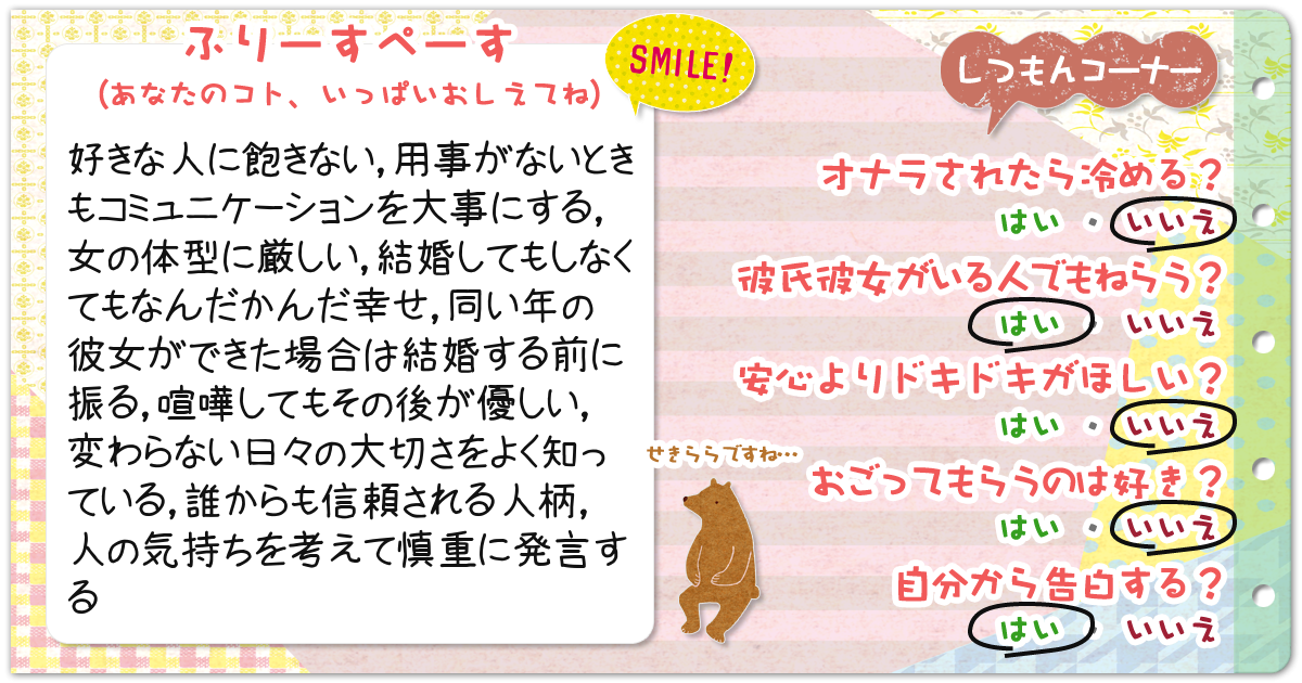 恋愛診断 勝手にプロフィール帳 恋愛編 無料のハニホー 診断結果